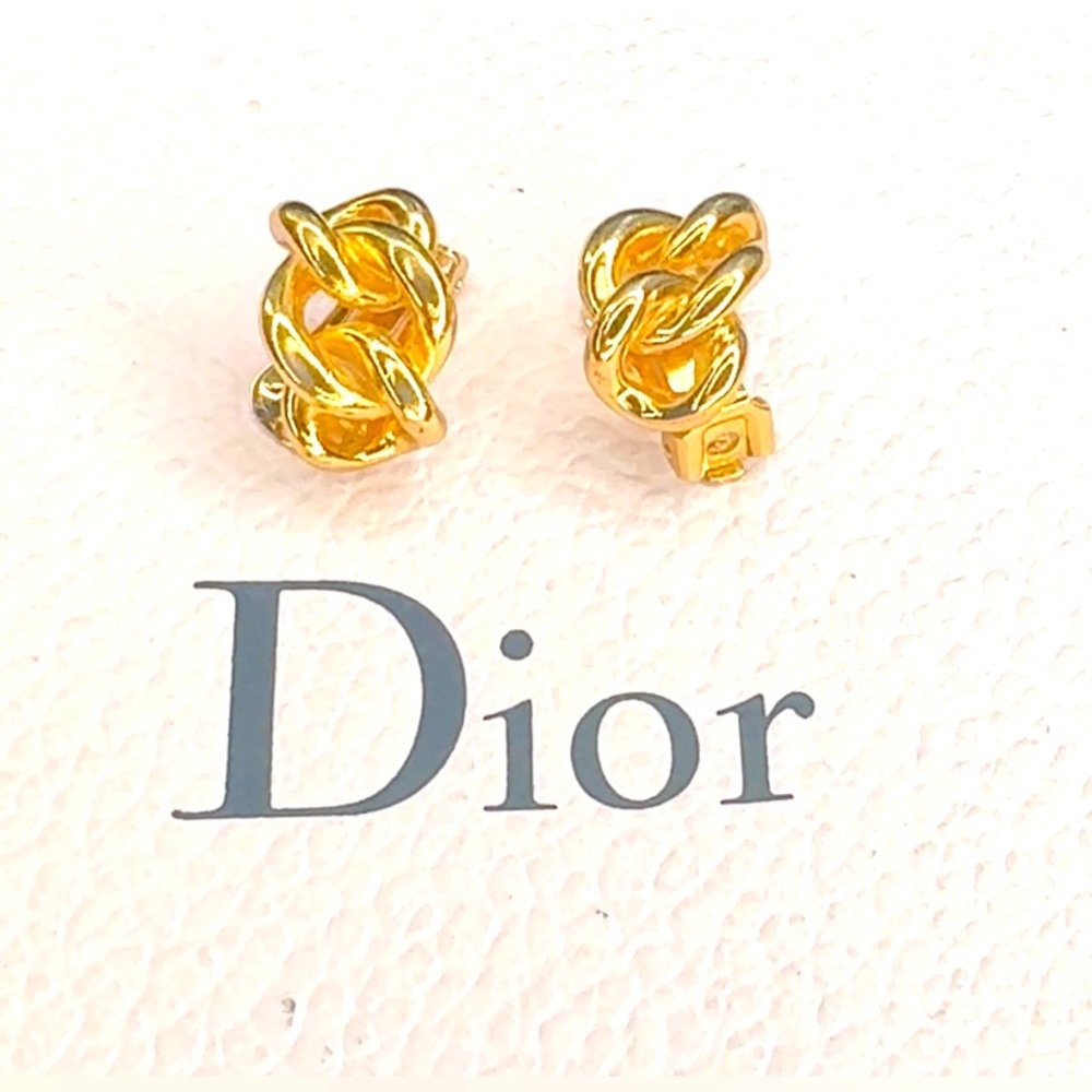 CHRISTIAN DIOR Vintage 1970's style Gold Tone Chain Clip On Huggie Earrings